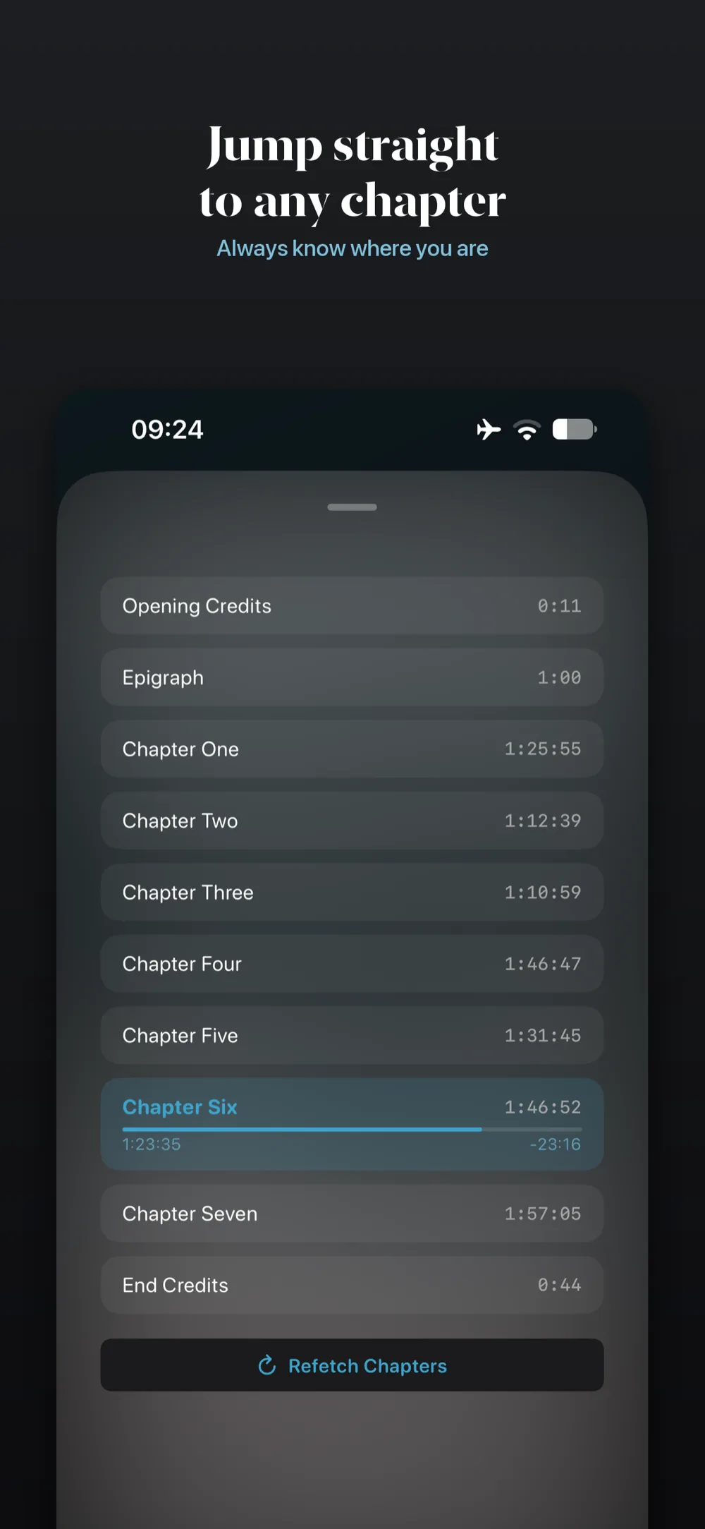 Volume on iPhone &ndash; chapter list with per-chapter durations and progress