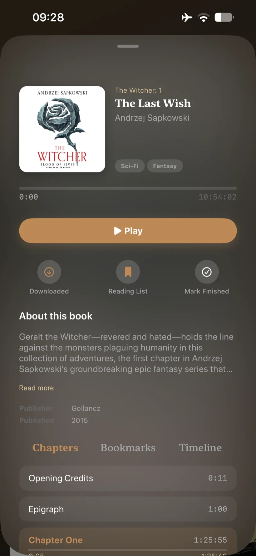 Volume on iPhone &ndash; a book detail page with description, chapters and download controls