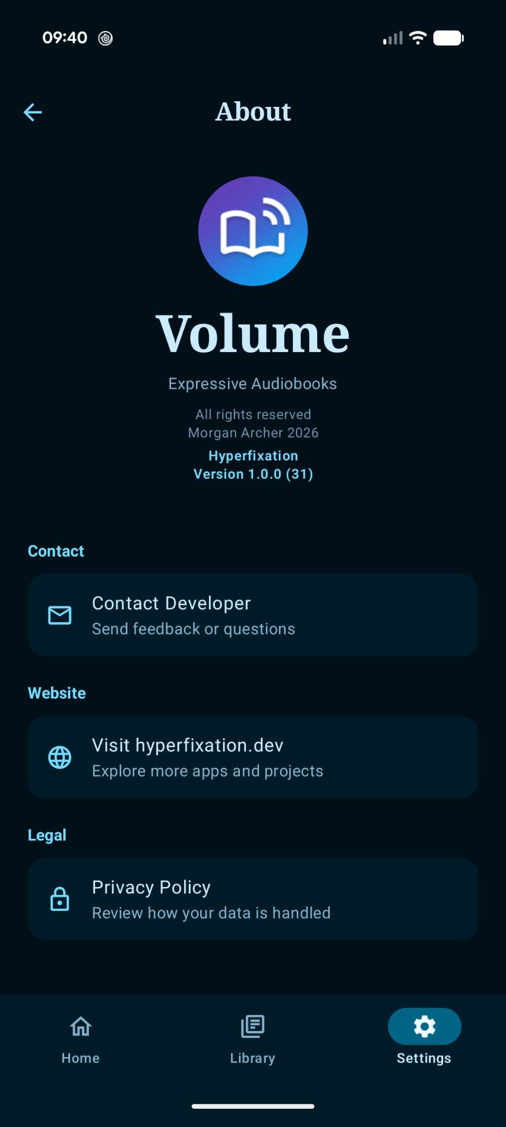 Volume About and Configurations Screen